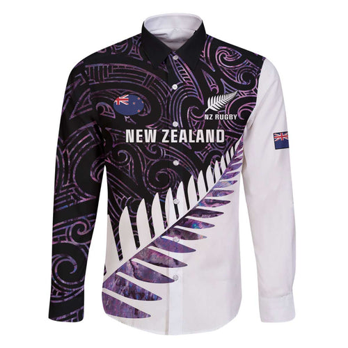 New Zealand Silver Fern Rugby Custom Family Matching Off The Shoulder Long Sleeve Dress and Hawaiian Shirt Go All Black Purple Maori Paua Shell - Aussie Hoodie
