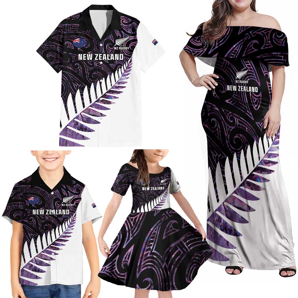 New Zealand Silver Fern Rugby Custom Family Matching Off Shoulder Maxi Dress and Hawaiian Shirt Go All Black Purple Maori Paua Shell - Aussie Hoodie