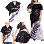 New Zealand Silver Fern Rugby Custom Family Matching Off Shoulder Maxi Dress and Hawaiian Shirt Go All Black Purple Maori Paua Shell - Aussie Hoodie
