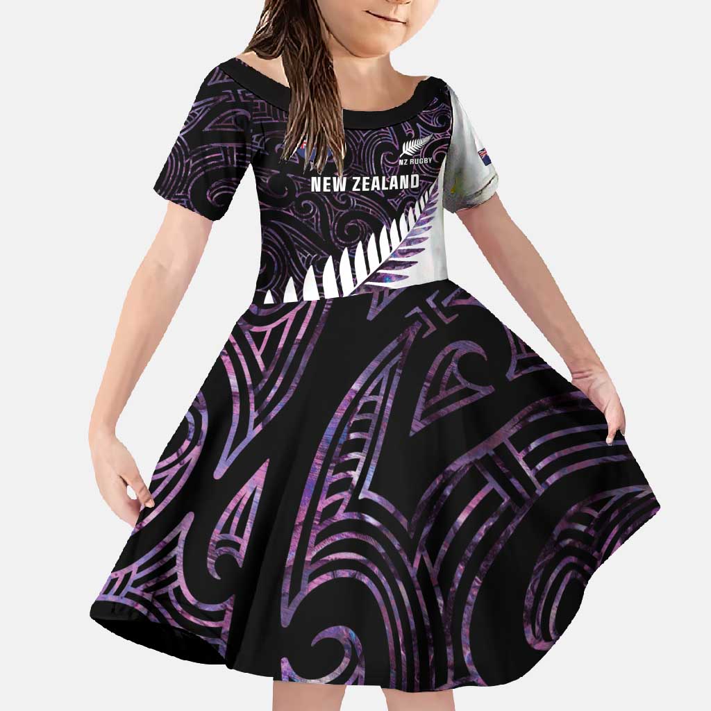New Zealand Silver Fern Rugby Custom Family Matching Off Shoulder Maxi Dress and Hawaiian Shirt Go All Black Purple Maori Paua Shell - Aussie Hoodie
