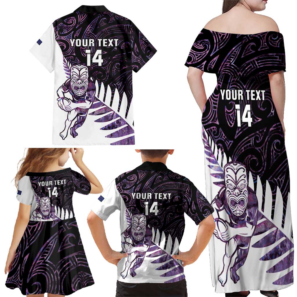 New Zealand Silver Fern Rugby Custom Family Matching Off Shoulder Maxi Dress and Hawaiian Shirt Go All Black Purple Maori Paua Shell - Aussie Hoodie
