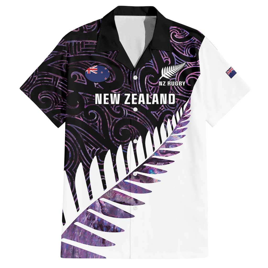 New Zealand Silver Fern Rugby Custom Family Matching Off Shoulder Maxi Dress and Hawaiian Shirt Go All Black Purple Maori Paua Shell - Aussie Hoodie