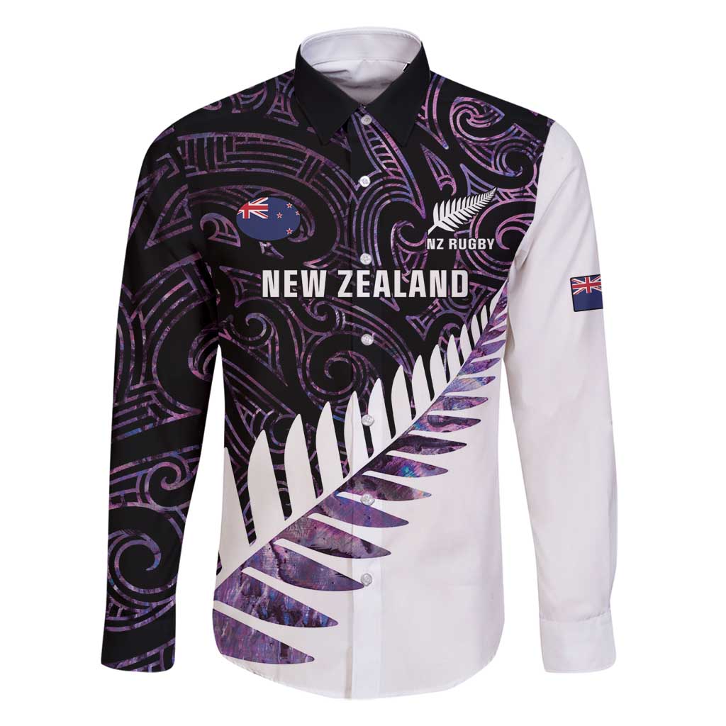 New Zealand Silver Fern Rugby Custom Family Matching Off Shoulder Maxi Dress and Hawaiian Shirt Go All Black Purple Maori Paua Shell - Aussie Hoodie