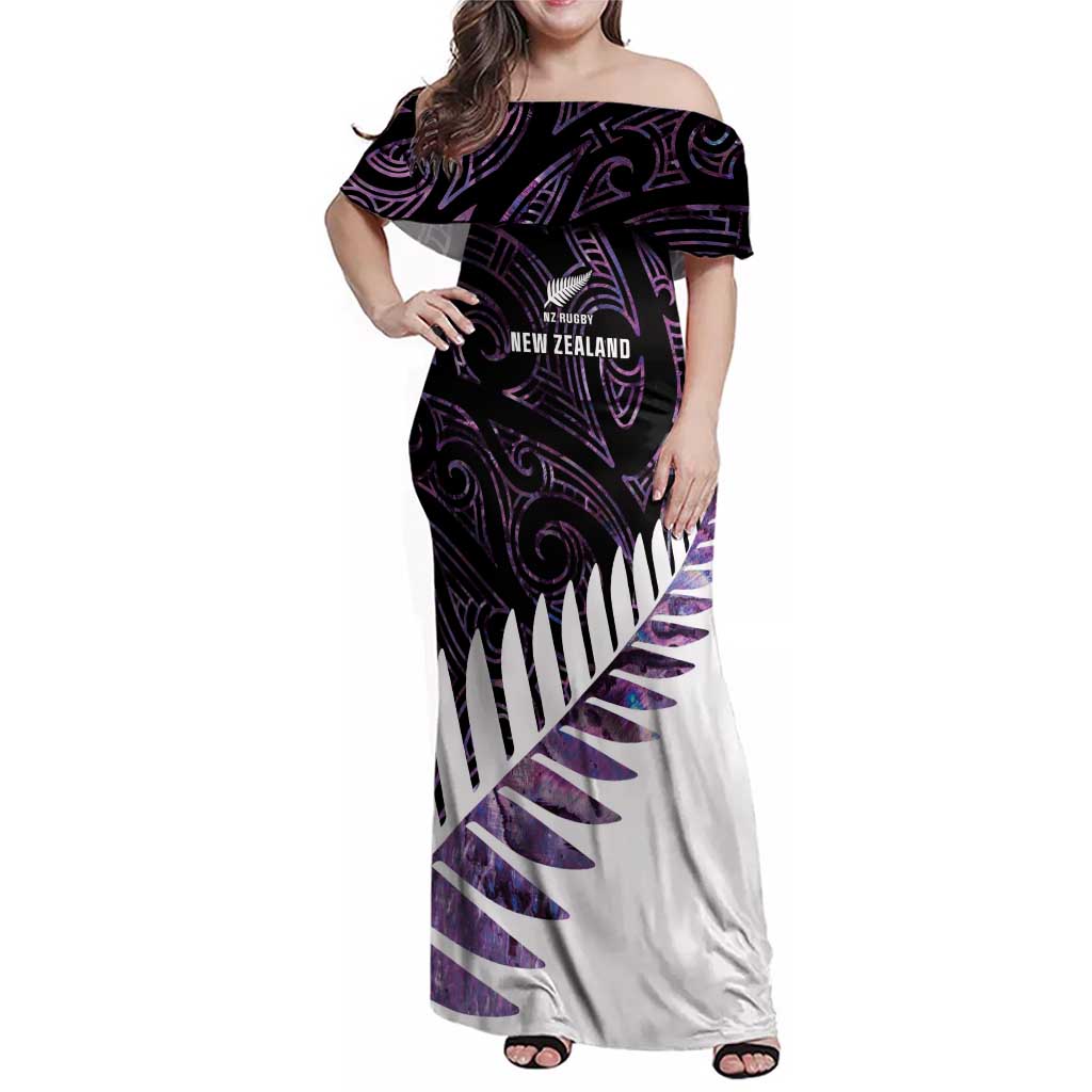 New Zealand Silver Fern Rugby Custom Family Matching Off Shoulder Maxi Dress and Hawaiian Shirt Go All Black Purple Maori Paua Shell - Aussie Hoodie
