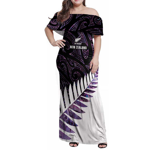 New Zealand Silver Fern Rugby Custom Family Matching Off Shoulder Maxi Dress and Hawaiian Shirt Go All Black Purple Maori Paua Shell - Aussie Hoodie