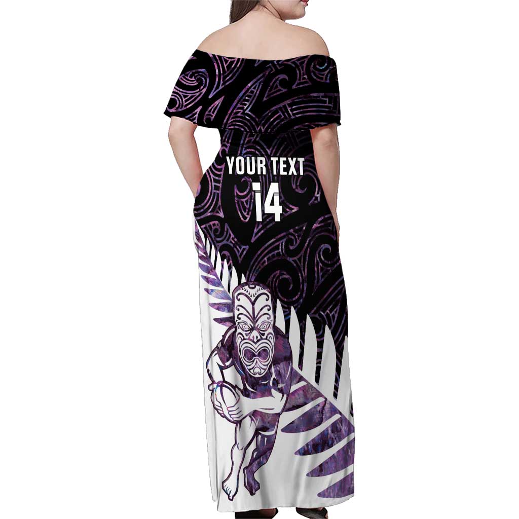 New Zealand Silver Fern Rugby Custom Family Matching Off Shoulder Maxi Dress and Hawaiian Shirt Go All Black Purple Maori Paua Shell - Aussie Hoodie