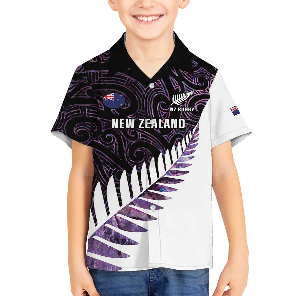 New Zealand Silver Fern Rugby Custom Family Matching Off Shoulder Maxi Dress and Hawaiian Shirt Go All Black Purple Maori Paua Shell - Aussie Hoodie