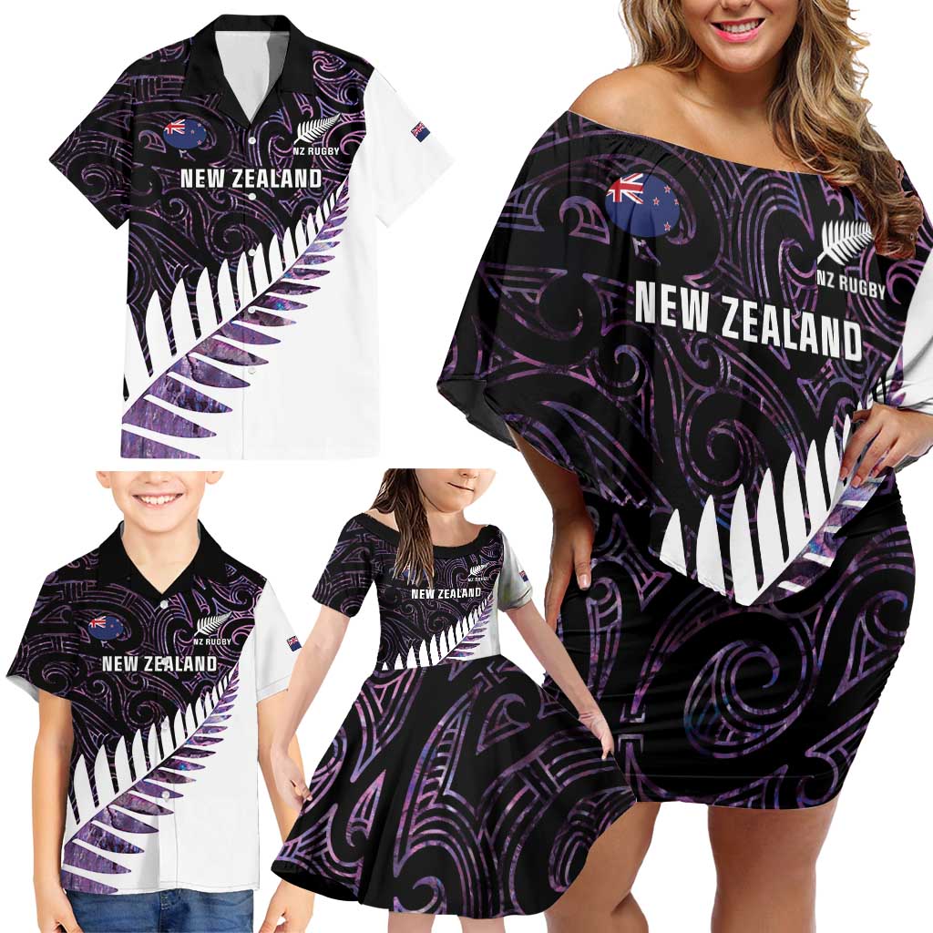 New Zealand Silver Fern Rugby Custom Family Matching Off Shoulder Short Dress and Hawaiian Shirt Go All Black Purple Maori Paua Shell - Aussie Hoodie