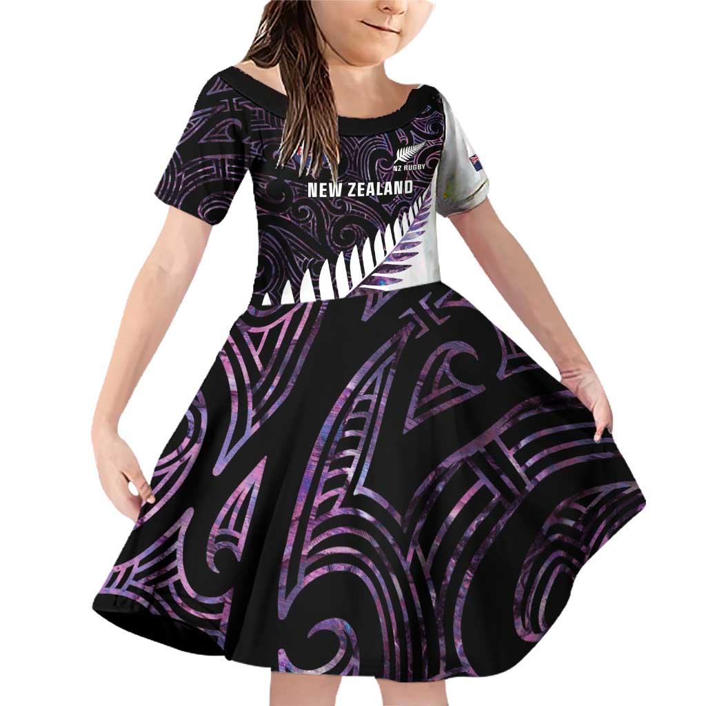 New Zealand Silver Fern Rugby Custom Family Matching Off Shoulder Short Dress and Hawaiian Shirt Go All Black Purple Maori Paua Shell - Aussie Hoodie