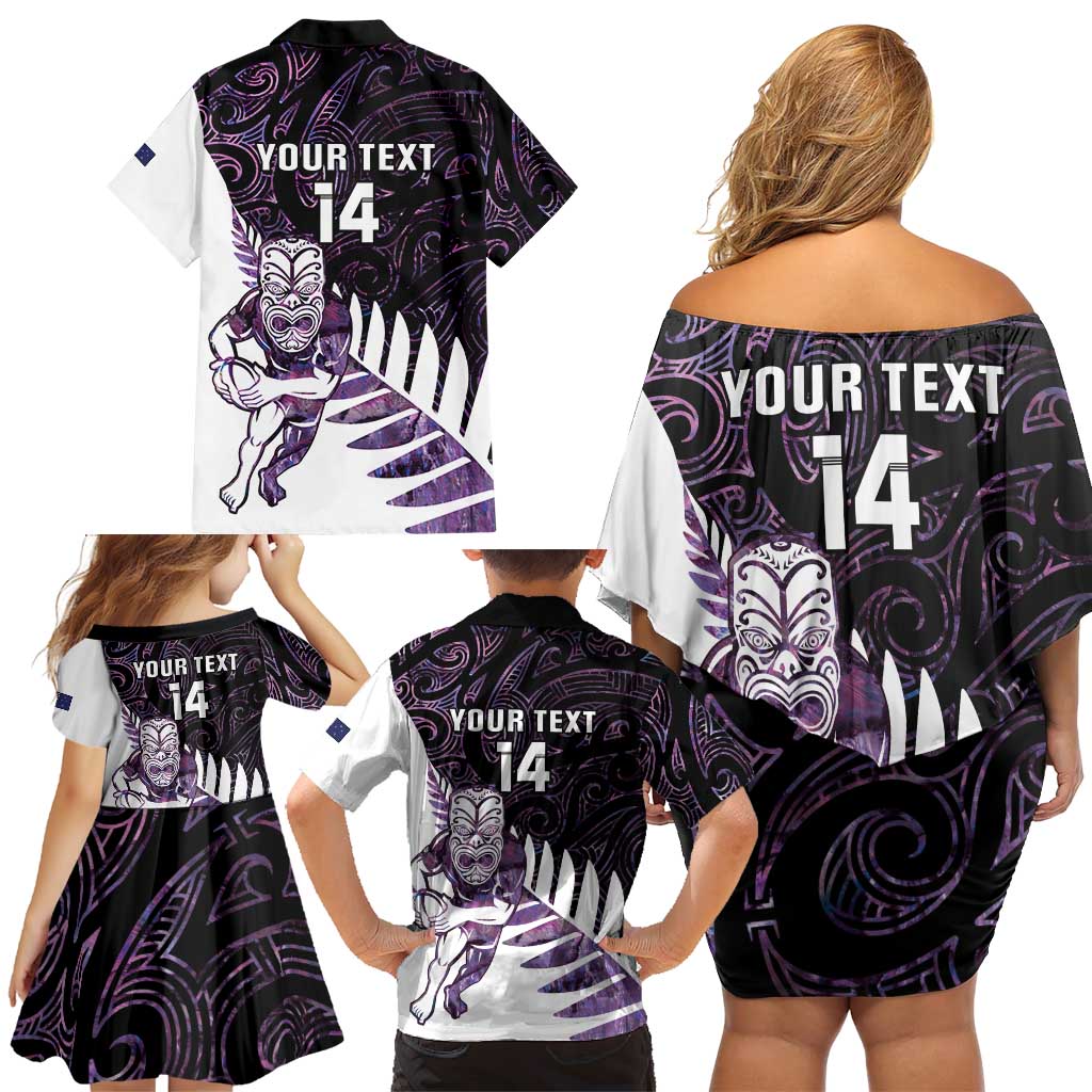New Zealand Silver Fern Rugby Custom Family Matching Off Shoulder Short Dress and Hawaiian Shirt Go All Black Purple Maori Paua Shell - Aussie Hoodie