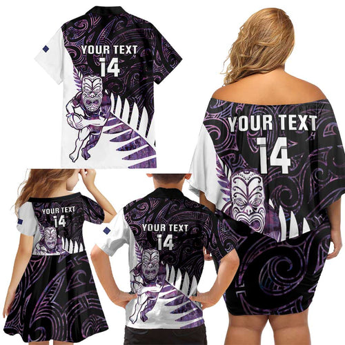 New Zealand Silver Fern Rugby Custom Family Matching Off Shoulder Short Dress and Hawaiian Shirt Go All Black Purple Maori Paua Shell - Aussie Hoodie