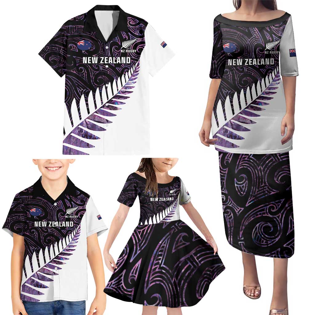 New Zealand Silver Fern Rugby Custom Family Matching Puletasi and Hawaiian Shirt Go All Black Purple Maori Paua Shell - Aussie Hoodie