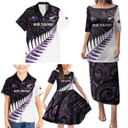 New Zealand Silver Fern Rugby Custom Family Matching Puletasi and Hawaiian Shirt Go All Black Purple Maori Paua Shell - Aussie Hoodie