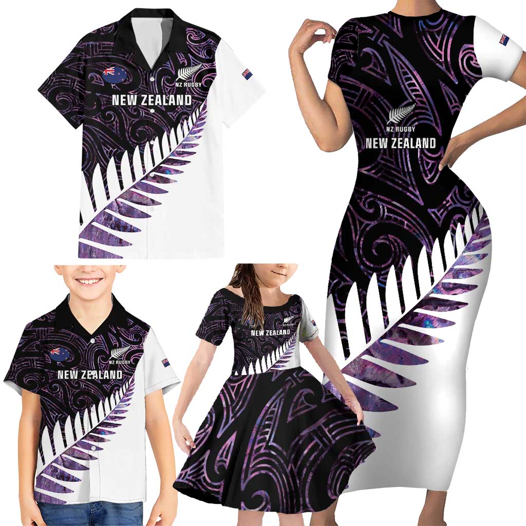 New Zealand Silver Fern Rugby Custom Family Matching Short Sleeve Bodycon Dress and Hawaiian Shirt Go All Black Purple Maori Paua Shell - Aussie Hoodie