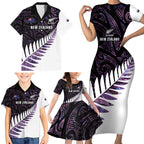 New Zealand Silver Fern Rugby Custom Family Matching Short Sleeve Bodycon Dress and Hawaiian Shirt Go All Black Purple Maori Paua Shell - Aussie Hoodie