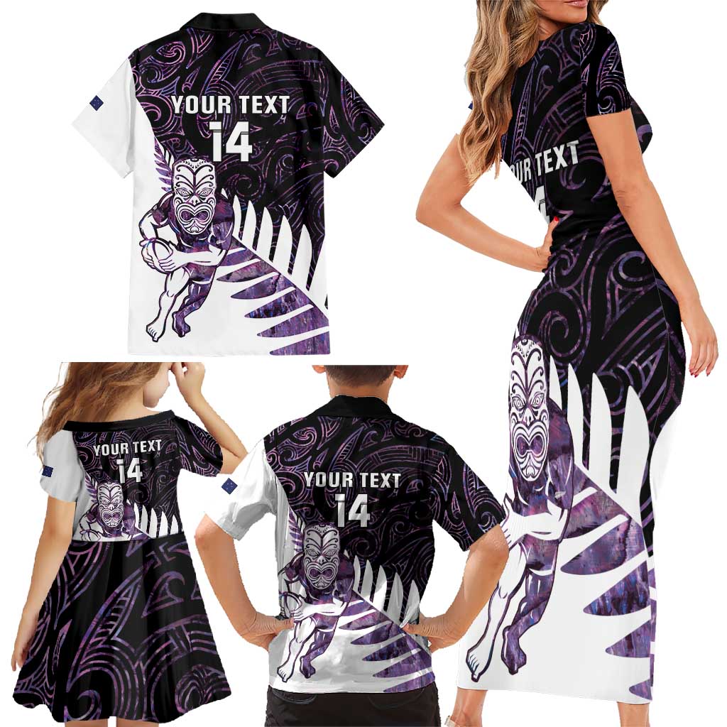 New Zealand Silver Fern Rugby Custom Family Matching Short Sleeve Bodycon Dress and Hawaiian Shirt Go All Black Purple Maori Paua Shell - Aussie Hoodie