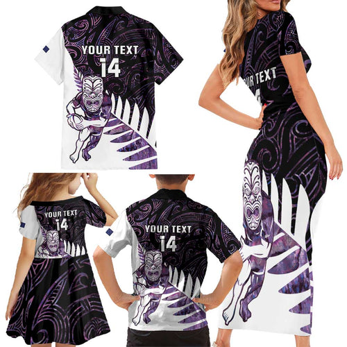 New Zealand Silver Fern Rugby Custom Family Matching Short Sleeve Bodycon Dress and Hawaiian Shirt Go All Black Purple Maori Paua Shell - Aussie Hoodie
