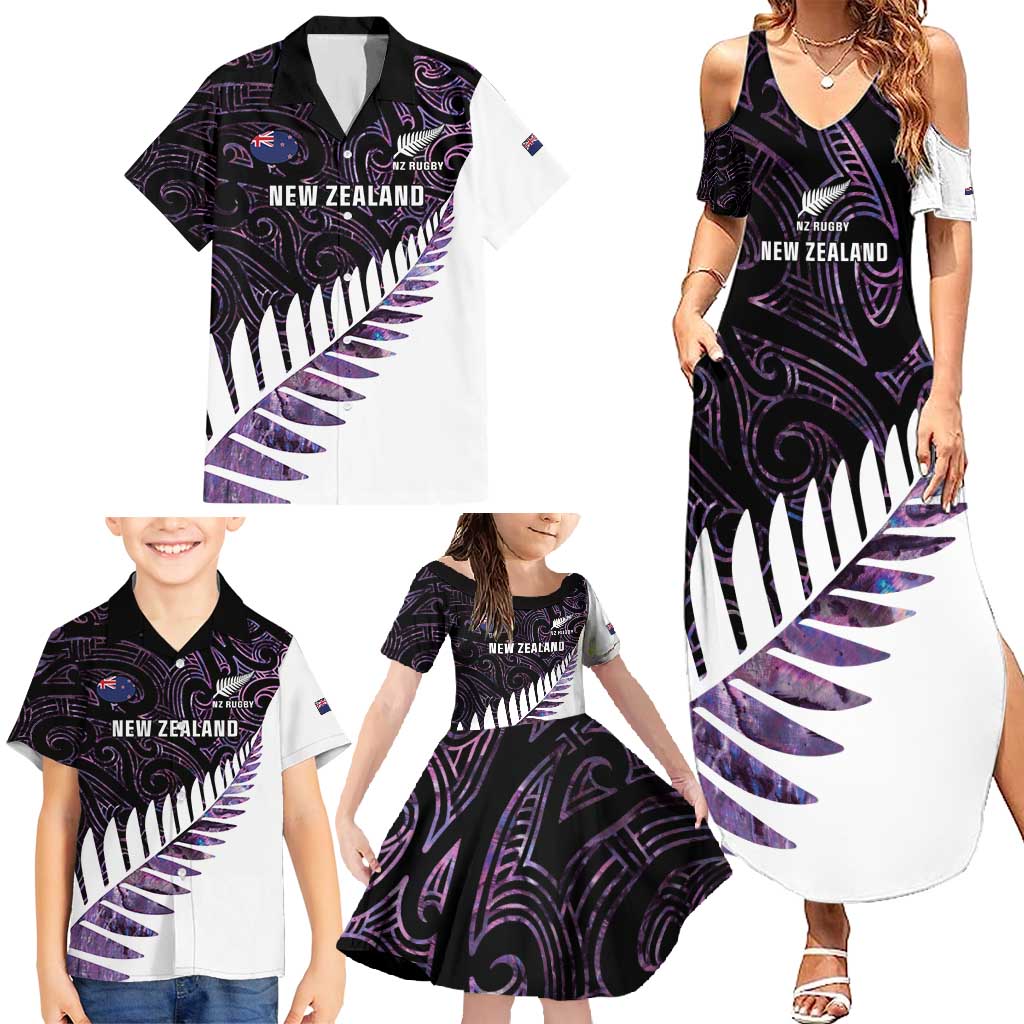 New Zealand Silver Fern Rugby Custom Family Matching Summer Maxi Dress and Hawaiian Shirt Go All Black Purple Maori Paua Shell - Aussie Hoodie