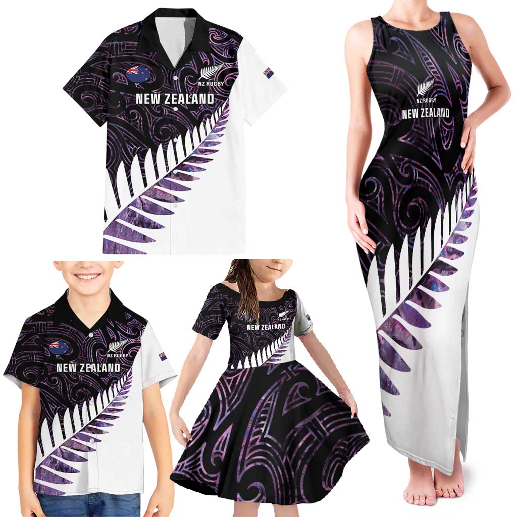 New Zealand Silver Fern Rugby Custom Family Matching Tank Maxi Dress and Hawaiian Shirt Go All Black Purple Maori Paua Shell - Aussie Hoodie