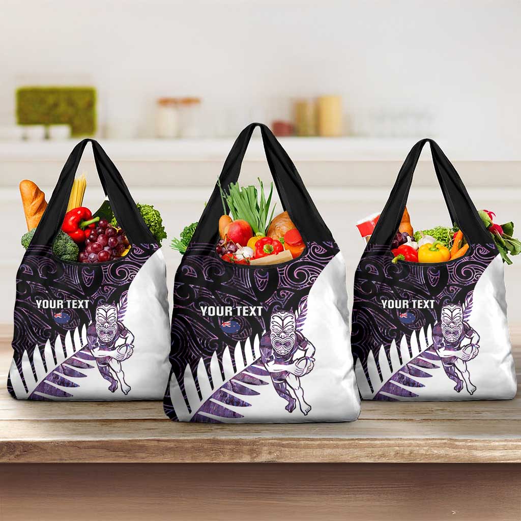 New Zealand Silver Fern Rugby Custom Grocery Bag Go All Black Purple Maori Paua Shell - Aussie Hoodie