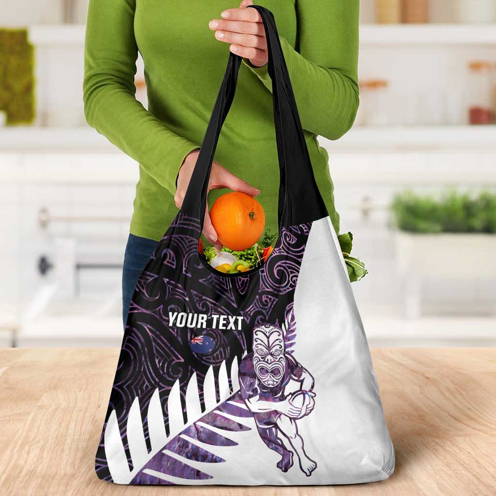 New Zealand Silver Fern Rugby Custom Grocery Bag Go All Black Purple Maori Paua Shell - Aussie Hoodie