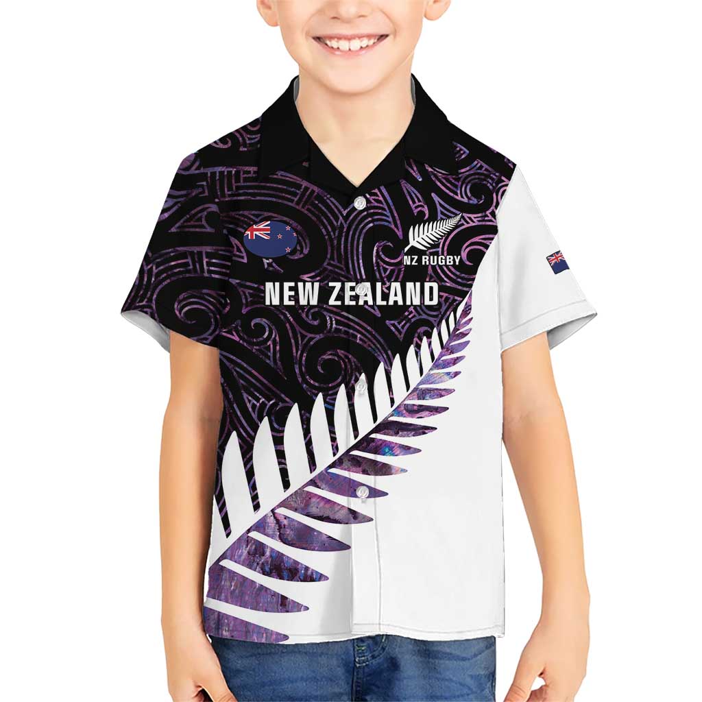 New Zealand Silver Fern Rugby Custom Kid Hawaiian Shirt Go All Black Purple Maori Paua Shell - Aussie Hoodie