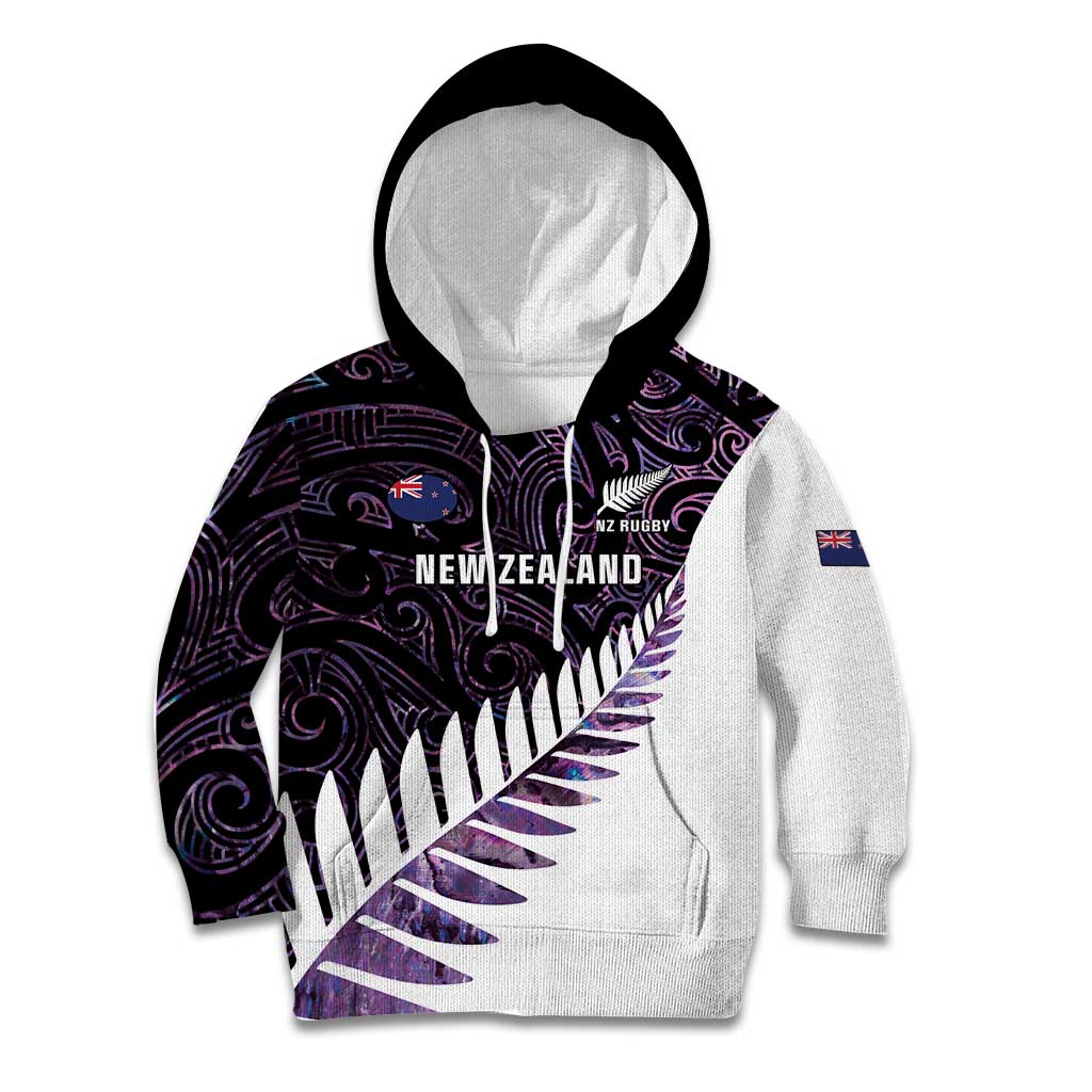 New Zealand Silver Fern Rugby Custom Kid Hoodie Go All Black Purple Maori Paua Shell - Aussie Hoodie