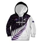 New Zealand Silver Fern Rugby Custom Kid Hoodie Go All Black Purple Maori Paua Shell - Aussie Hoodie