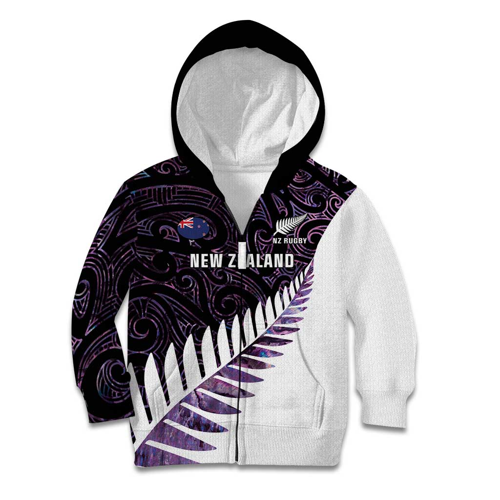 New Zealand Silver Fern Rugby Custom Kid Hoodie Go All Black Purple Maori Paua Shell - Aussie Hoodie
