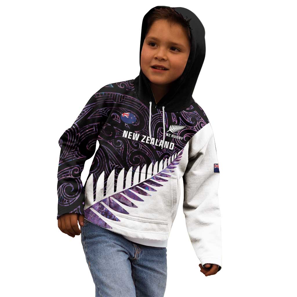 New Zealand Silver Fern Rugby Custom Kid Hoodie Go All Black Purple Maori Paua Shell - Aussie Hoodie
