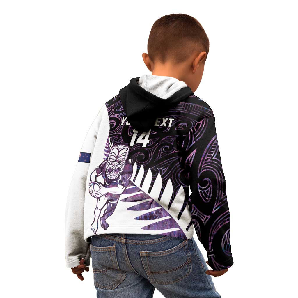 New Zealand Silver Fern Rugby Custom Kid Hoodie Go All Black Purple Maori Paua Shell - Aussie Hoodie