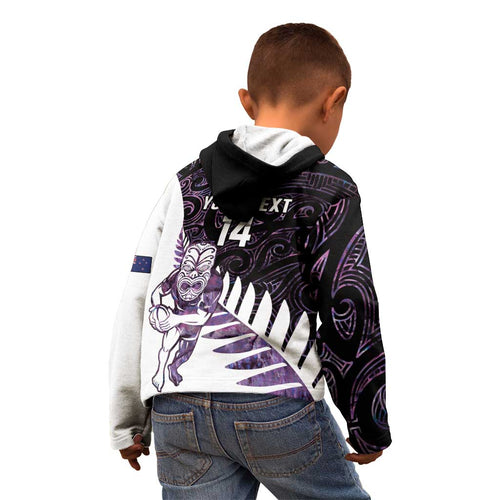 New Zealand Silver Fern Rugby Custom Kid Hoodie Go All Black Purple Maori Paua Shell - Aussie Hoodie
