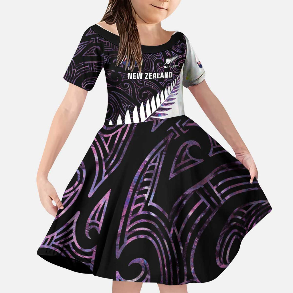 New Zealand Silver Fern Rugby Custom Kid Short Sleeve Dress Go All Black Purple Maori Paua Shell - Aussie Hoodie