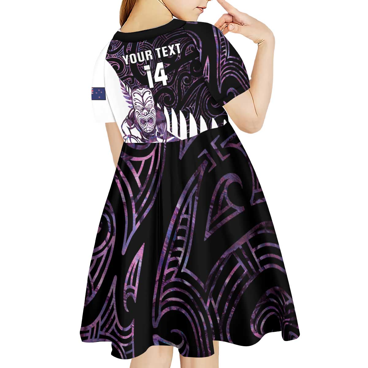 New Zealand Silver Fern Rugby Custom Kid Short Sleeve Dress Go All Black Purple Maori Paua Shell - Aussie Hoodie