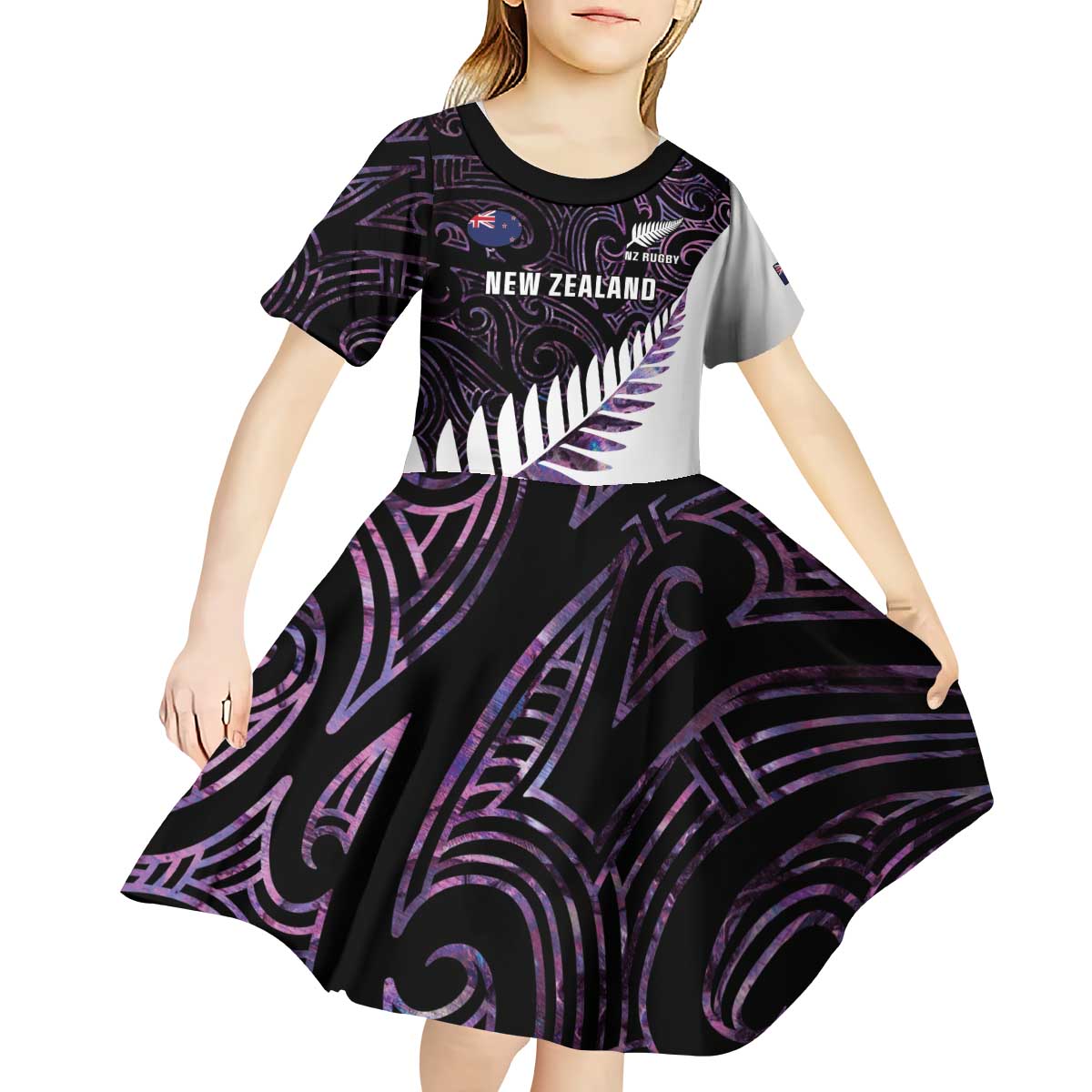 New Zealand Silver Fern Rugby Custom Kid Short Sleeve Dress Go All Black Purple Maori Paua Shell - Aussie Hoodie