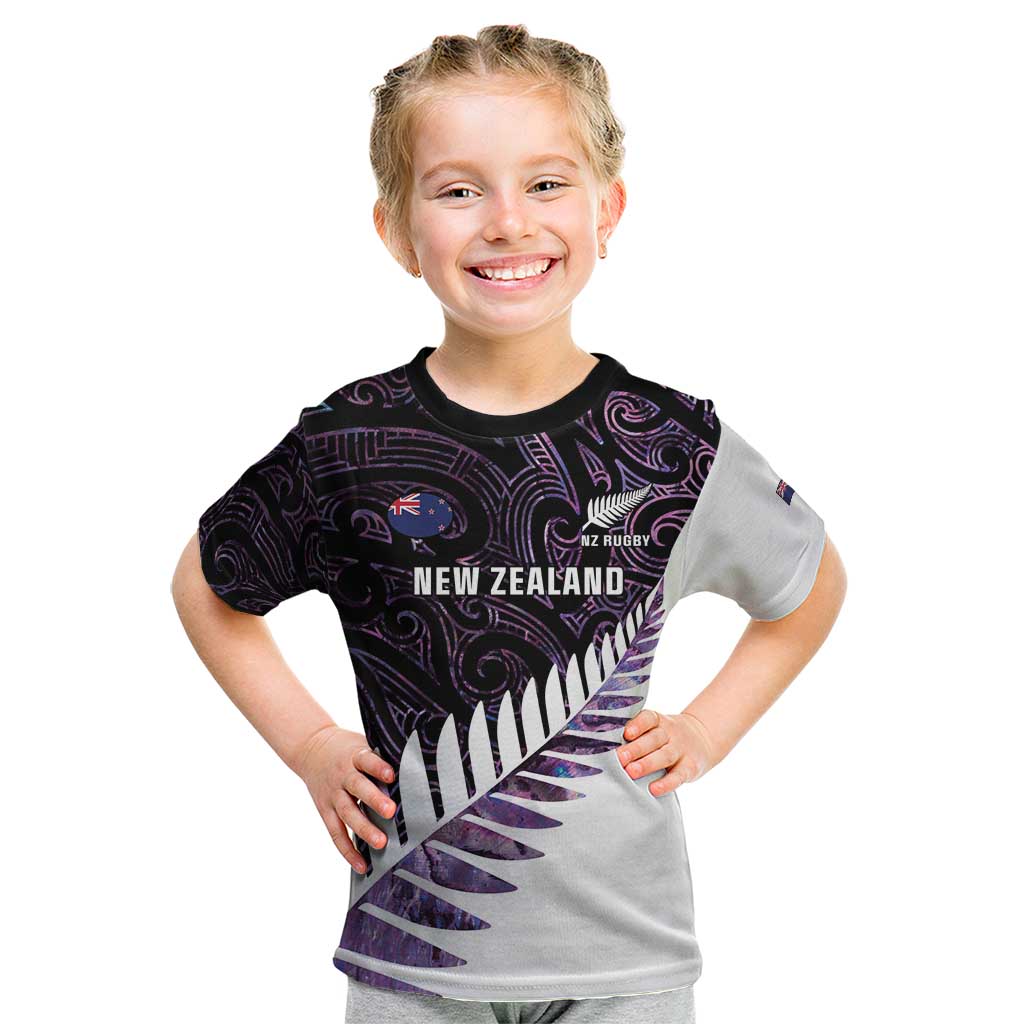 New Zealand Silver Fern Rugby Custom Kid T Shirt Go All Black Purple Maori Paua Shell - Aussie Hoodie