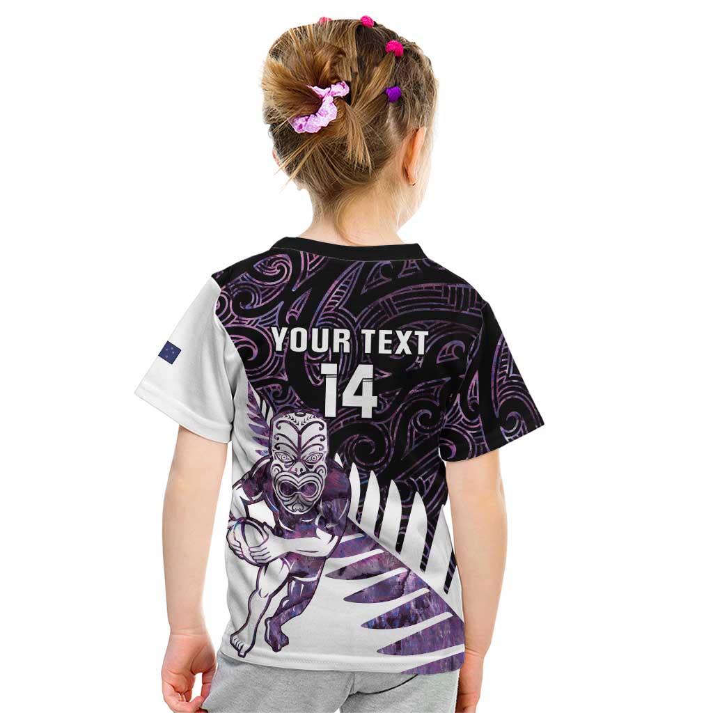 New Zealand Silver Fern Rugby Custom Kid T Shirt Go All Black Purple Maori Paua Shell - Aussie Hoodie