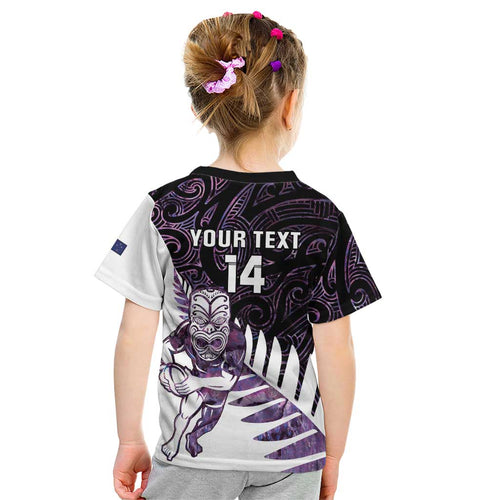 New Zealand Silver Fern Rugby Custom Kid T Shirt Go All Black Purple Maori Paua Shell - Aussie Hoodie