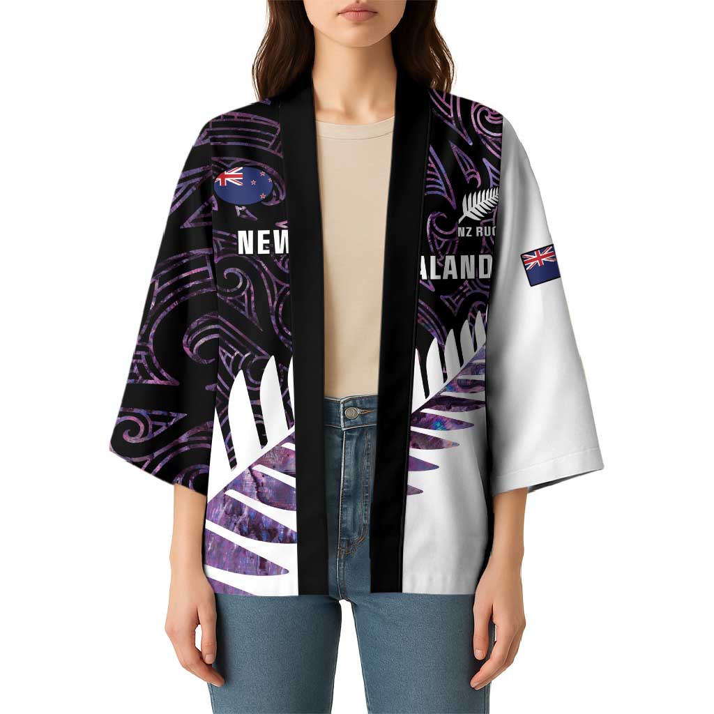 New Zealand Silver Fern Rugby Custom Kimono Go All Black Purple Maori Paua Shell - Aussie Hoodie