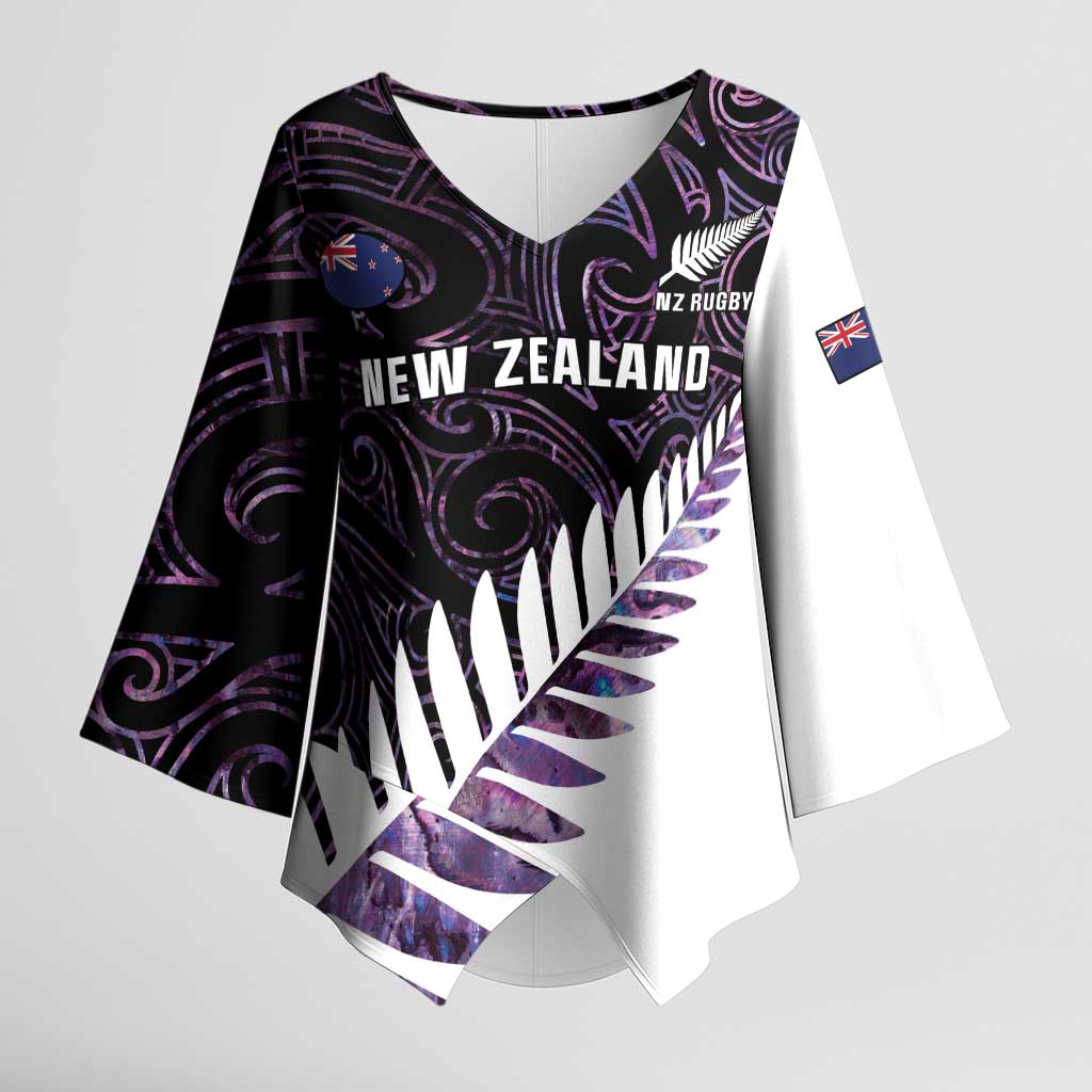 New Zealand Silver Fern Rugby Custom Kimono Sleeve Blouse Go All Black Purple Maori Paua Shell - Aussie Hoodie