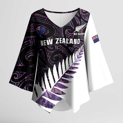 New Zealand Silver Fern Rugby Custom Kimono Sleeve Blouse Go All Black Purple Maori Paua Shell - Aussie Hoodie