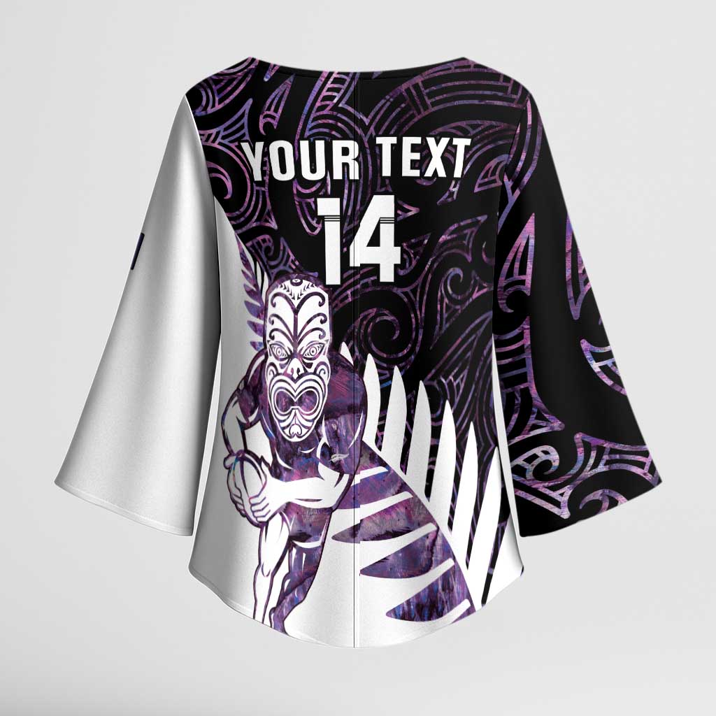 New Zealand Silver Fern Rugby Custom Kimono Sleeve Blouse Go All Black Purple Maori Paua Shell - Aussie Hoodie