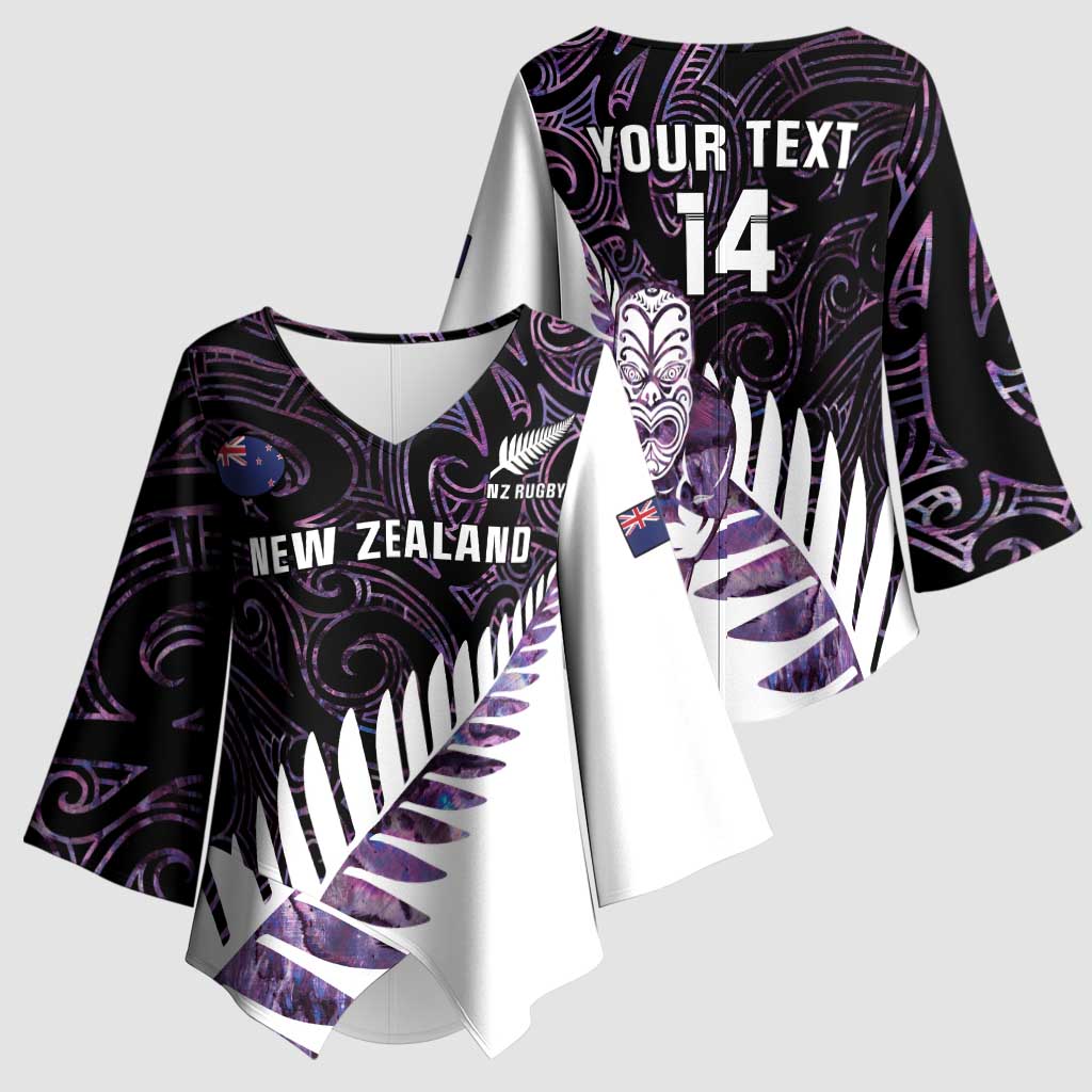 New Zealand Silver Fern Rugby Custom Kimono Sleeve Blouse Go All Black Purple Maori Paua Shell - Aussie Hoodie