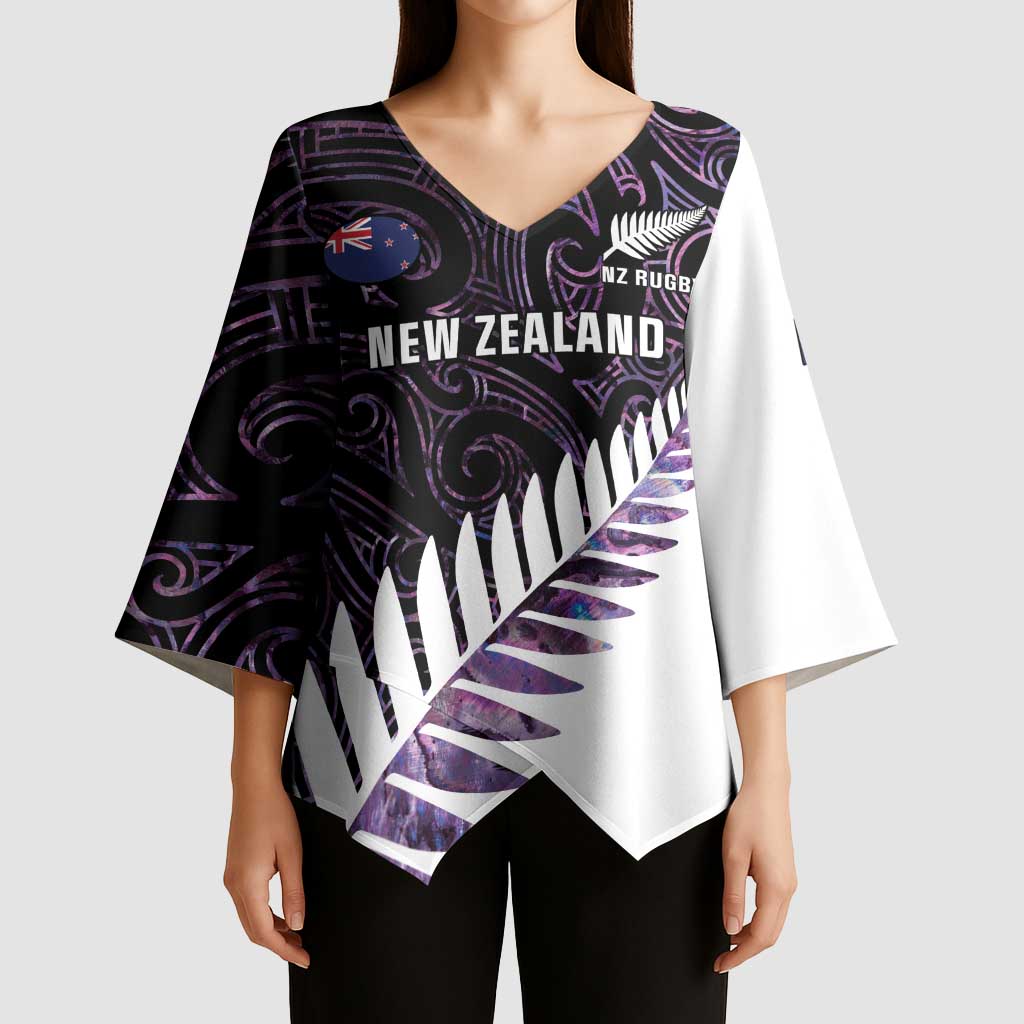 New Zealand Silver Fern Rugby Custom Kimono Sleeve Blouse Go All Black Purple Maori Paua Shell - Aussie Hoodie