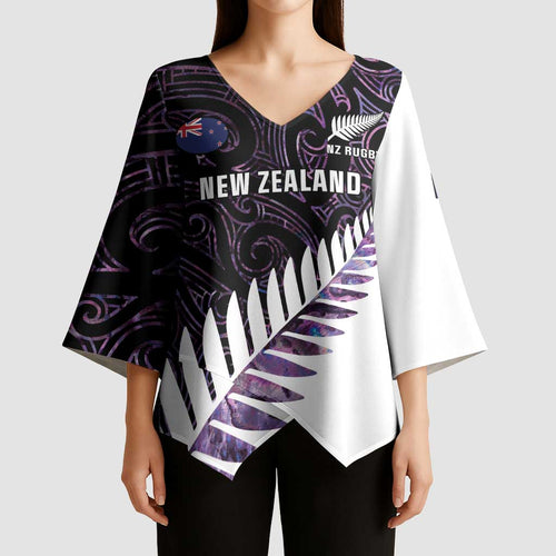 New Zealand Silver Fern Rugby Custom Kimono Sleeve Blouse Go All Black Purple Maori Paua Shell - Aussie Hoodie