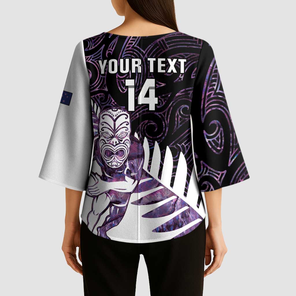 New Zealand Silver Fern Rugby Custom Kimono Sleeve Blouse Go All Black Purple Maori Paua Shell - Aussie Hoodie
