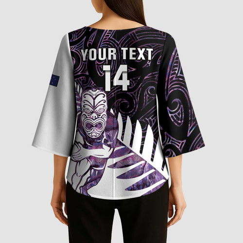 New Zealand Silver Fern Rugby Custom Kimono Sleeve Blouse Go All Black Purple Maori Paua Shell - Aussie Hoodie