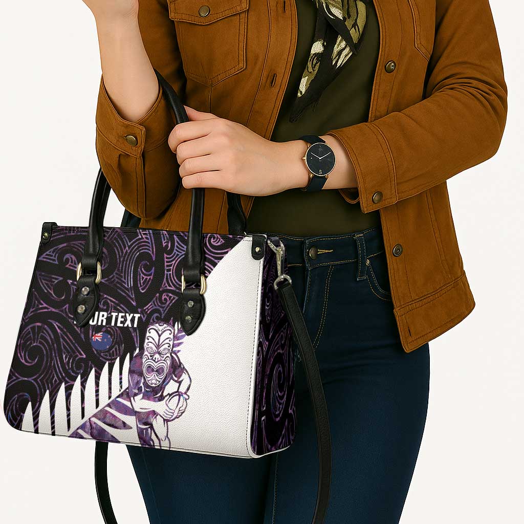 New Zealand Silver Fern Rugby Custom Leather Bag Go All Black Purple Maori Paua Shell - Aussie Hoodie