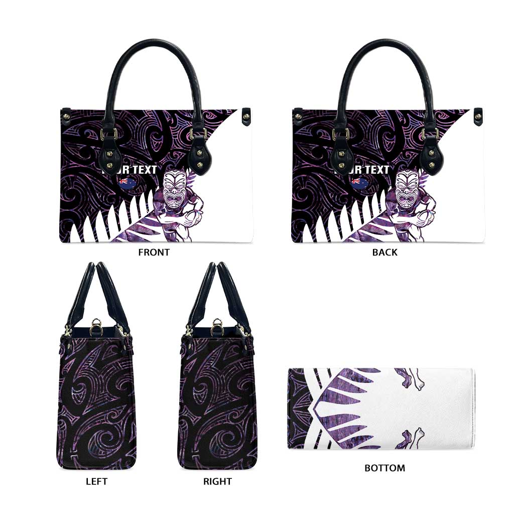 New Zealand Silver Fern Rugby Custom Leather Bag Go All Black Purple Maori Paua Shell - Aussie Hoodie