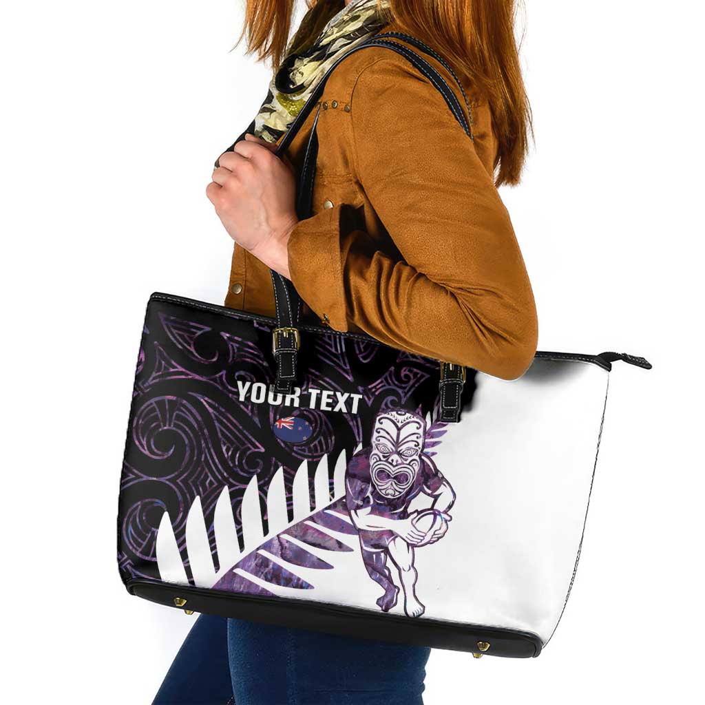 New Zealand Silver Fern Rugby Custom Leather Tote Bag Go All Black Purple Maori Paua Shell - Aussie Hoodie